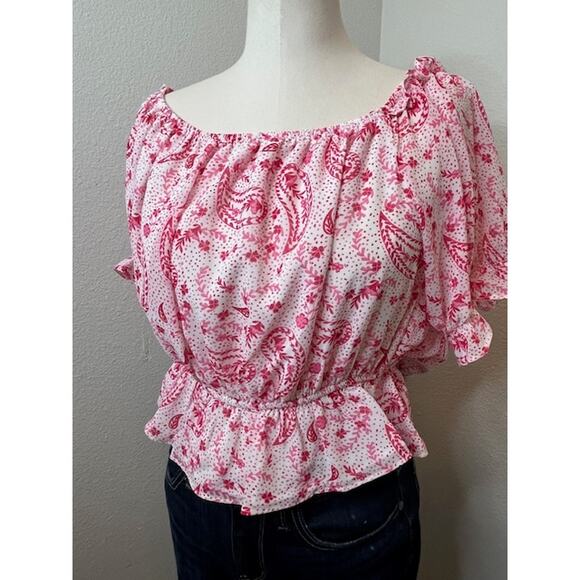 Sugarlips Pink Paisley Off Shoulder Puff Sleeve Crop Top - Picture 3 of 4